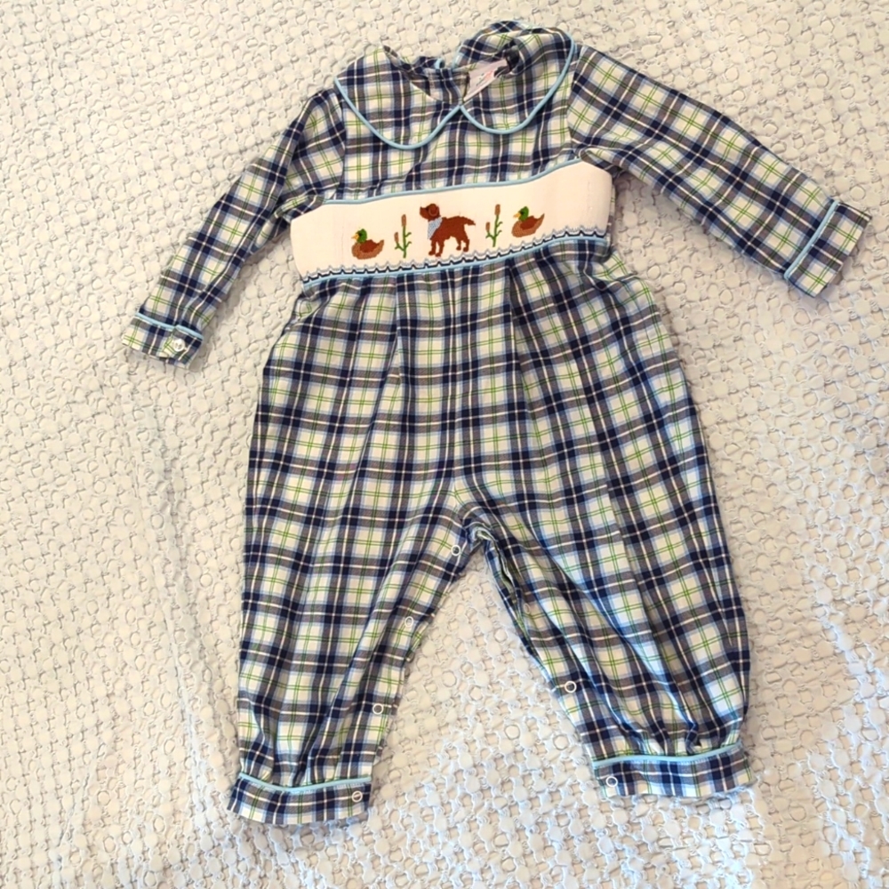 Stitchy Fish Smocked Jon Jon With Ducks and Dog 🐕🦆